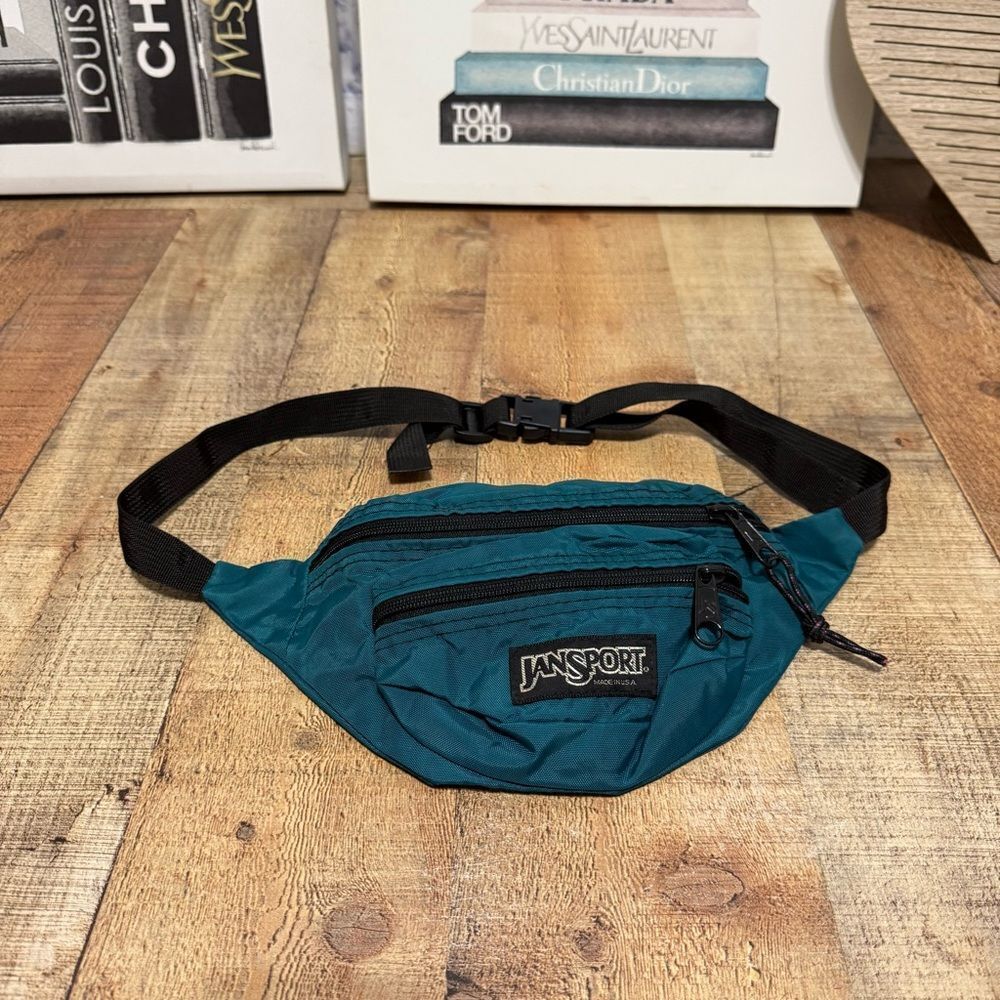 Vintage 90's Jansport Hip Belt Bag Made in USA Green Nylon Triple Zip Fanny Pack